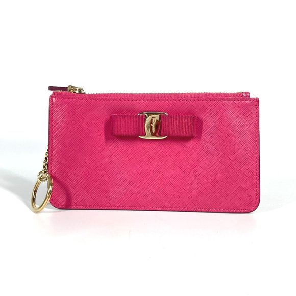 Salvatore Ferragamo Vara Ribbon Coin Purse with Key Ring Leather Pink Women's